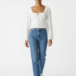 Rebellion Crop Long Sleeve Babydoll Women L Tiered Boho Tie Neck Blue Print Top